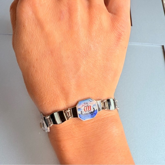 BERNARD MELDAHL ENAMEL GUILLOCHE VINTAGE NORWEGIAN STERLING SILVER BRACE… - Picture 8 of 9